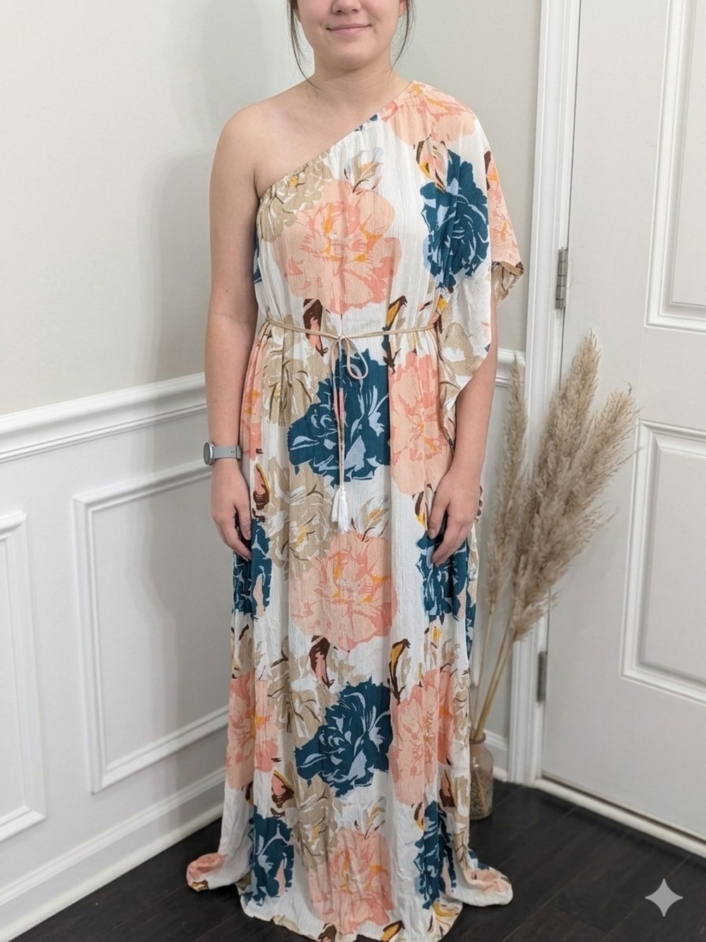 Cato One-Shoulder Floral Maxi Dress in Cream, Teal & Peach